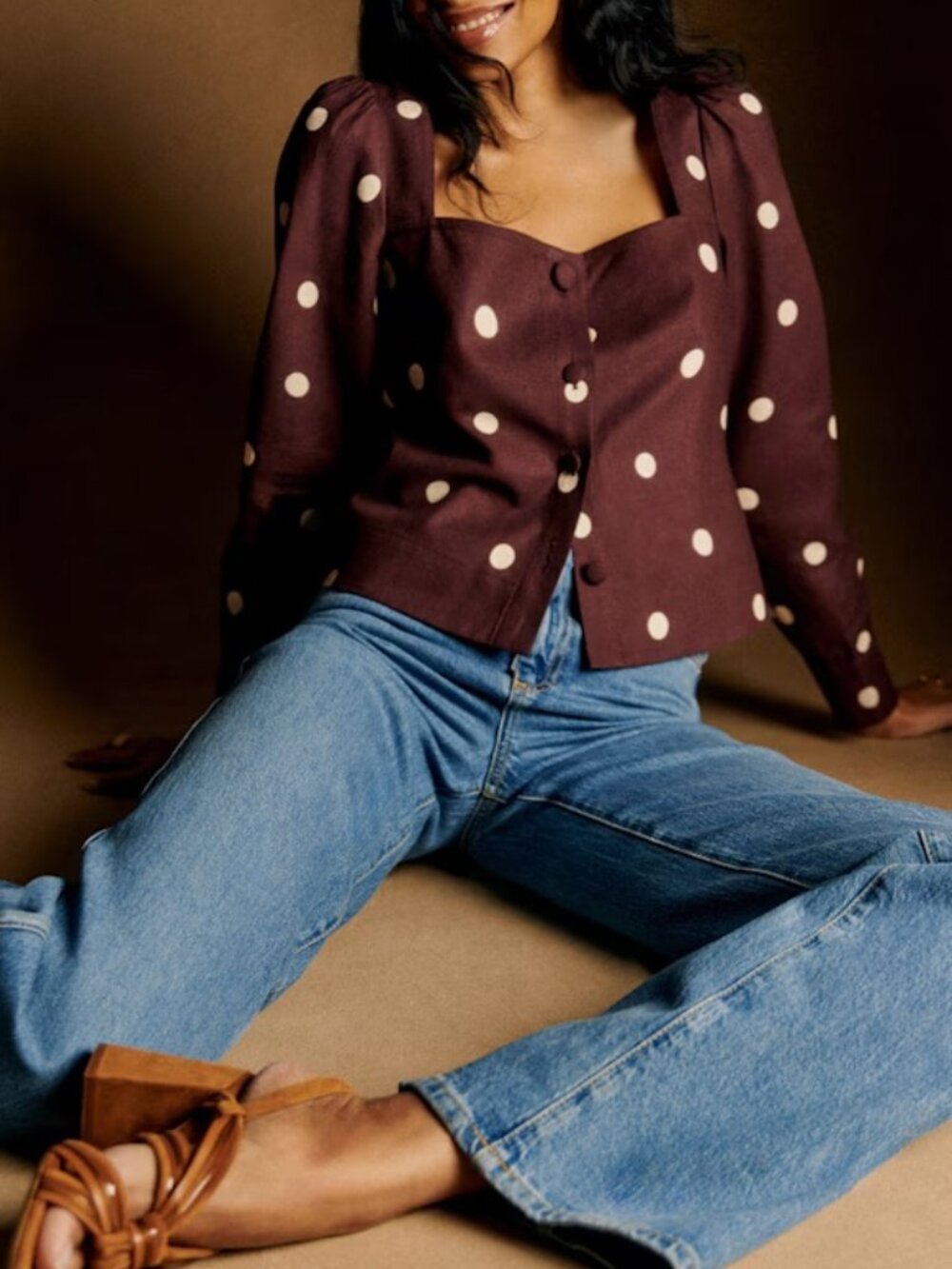 Sézane Lorenza Blouse in Ecru Polka Dots on Chocolate Print NEW